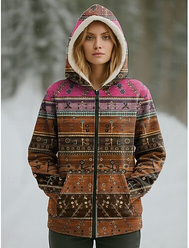  Kvinnors vinterjacka varm dragkedja ficka tryck avslappnad blommig avslappnad vanlig huva vanlig passform lång ärm ytterkläder rosa blå lila höst vinter