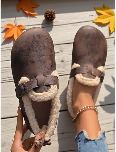  Dames brede, bruine, met fleece gevoerde loafers met gesp, comfortabele, warme casual schoenen voor thuis of buiten in de winter