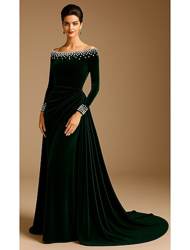  Linea ad A Tubino / Colonna Abito da Sera Elegante Abito formale Formale Matrimonio Strascico a Terra Manica Lunga Senza Spalle Raso con Pieghe Arricciato 2025
