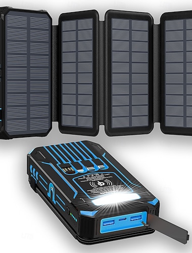  aurinkolaturi varavirtalähde - 20000 mAh langaton kannettava laturi, sisäänrakennettu 4 kaapelia ja 4 aurinkopaneelia, PD QC -pikalataus USB C -akku taskulampulla retkeilyyn