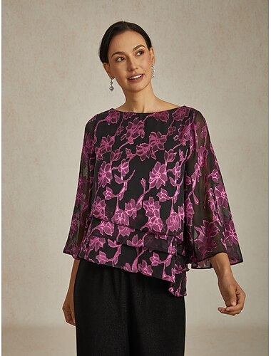  Mujer Blusa Tops de gasa Encaje Floral Elegante Casual Cuello Barco Tops regulares Invitado a la boda Atuendos para una cita nocturna Traje de cóctel Rosa Brillante Primavera Otoño Invierno