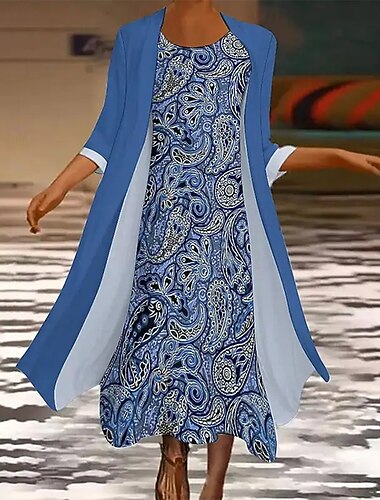  Damen Kleid-Set Maxidress A Linie Kleid Lässig Grafik Stammes Druck Midikleid Dreiviertelarm Rundhalsausschnitt Täglich Blau Purpur Grün Sommer Frühling Normale Passform
