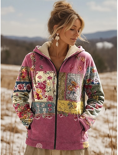  Per donna Cappotto Invernale Giacca Sherpa Caldo Leggero Patchwork Stampato Foderato in pile Elegante Vintage Casual Boho Vintage Floreale Vacanza Casa Casuale Quotidiano Regolare Con Cappuccio
