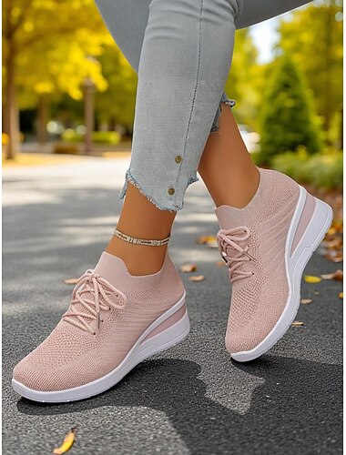  レースアップデザインと厚底のレディースピンクフライニットスニーカー - 軽量ウォーキング＆カジュアルスポーツシューズ