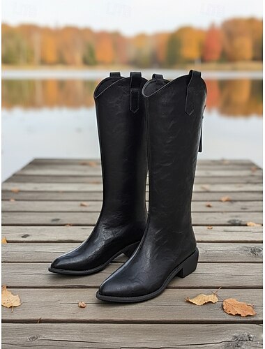  Botas de montaria femininas de cano alto com puxadores, salto baixo e design confortável, calçados de estilo clássico inspirado no oeste para uso casual urbano
