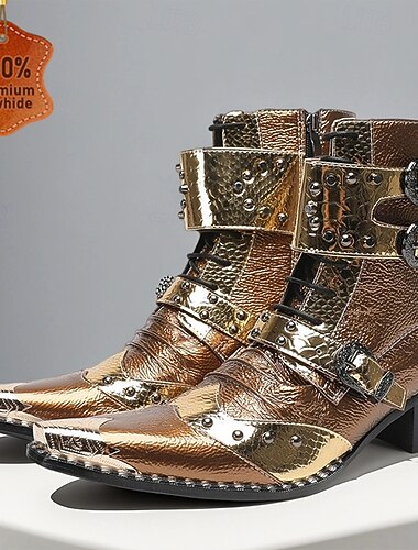  Men's Retro Punk Ankle Boots – Brown Genuine Cowhide Leather with Rivets and Buckle Straps, Gothic Rock Style for Concerts, Nightclubs and Motorcycle Fashion