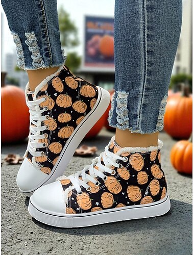  Sneakers alte da donna a forma di zucca di Halloween: scarpe casual in tela con lacci e stampa festiva per l'autunno, le feste in maschera e l'uso quotidiano