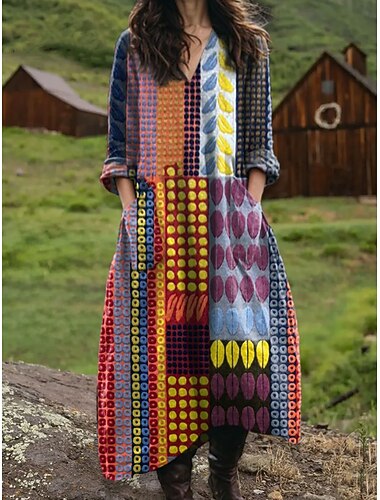  Női Maxiruha Nyári ruha A vonalú ruha Szabadság Alkalmi Boho Születésnap Napi Szabadság Laza öltözet Virágos Grafika Mértani Hosszú ujj V-alakú Fekete Medence Narancssárga Tavasz Ősz