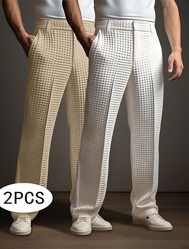  Homens Calças Social Calças de Terno Calça Waffle Calças de malha Bolso frontal Perna reta Tecido Conforto Comprimento total Formal Casamento O negócio Moda Chique & Moderno Branco + cáqui Khaki