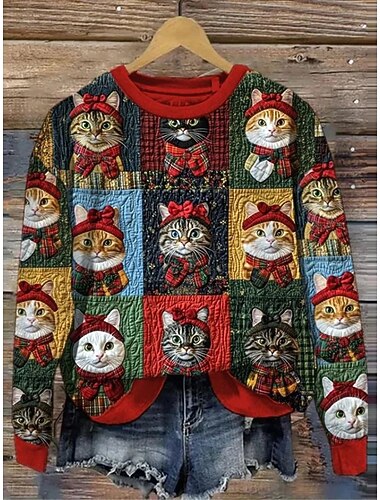  Γυναικεία Φούτερ πουλόβερ Γάτα Χριστούγεννα Ενεργό Βίντατζ Καθημερινό Μακρυμάνικο Στρογγυλή Ψηλή Λαιμόκοψη Κανονικά μπλουζάκια Δρόμος Καθημερινή Ένδυση Causal Στάμπα Κίτρινο Ρουμπίνι