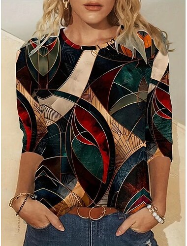 Mujer Camiseta Graphic Geométrico Vintage Moda Elegante Manga Larga Cuello Barco Escote Redondo Tops regulares Diario Fin de semana Estampado Marrón Verano Primavera Otoño