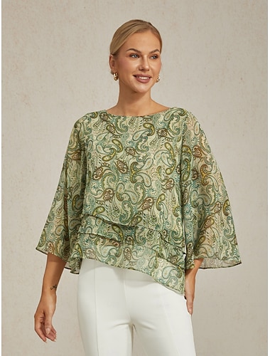  damebluse grønn paisleyblomster lagdelt 3/4 ermer løs passform rund båthals avslappet elegant vår sommer