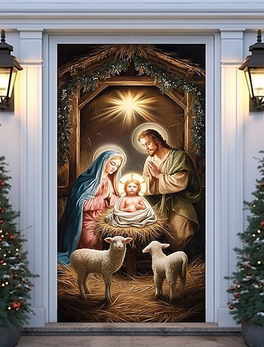  クリスマスドアカバー 聖誕シーン ホリデードアカーテン ベビー2025のクリスマスドアハンギング 用のホームパーティーデコール