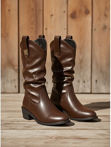  dameslaarzen tot de kuit met zachte brede schacht, lage blokhak en decoratief metalen accent, casual dagelijkse comfortabele stijl voor dames urban streetwear en stadsoutfits