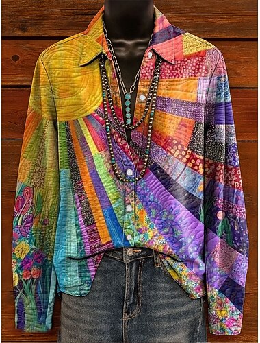  Camicia da donna in lino simile traspirante leggera grafica arcobaleno elegante bohemien vintage camicia manica lunga colletto regular tops lavoro quotidiano stampa rosa viola arancio primavera