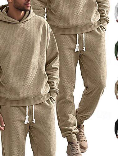  Homme Ensemble Survetement Ensemble de tenues Ensemble de sweats à capuche Sweat à Capuche Extérieur Quotidien Sports Jacquard Cordon de serrage Uni Noir Blanche Kaki Polyester Tenues de Sport Mode