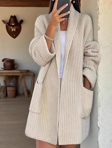 Damen Pullover Strickjacke Streetwear Lässig Einfarbig Hemdkragen Tasche Gestrickt Langarm Lange Oberteile Stricken Täglich Ferien Ausgehen Aprikose Herbst Winter   Damen Pullover Strickjacke Streetwear Lässig Einfarbig Hemdkragen Tasche Gestrickt Langarm Lange Oberteile Stricken Täglich Ferien Ausgehen Aprikose Herbst Winter