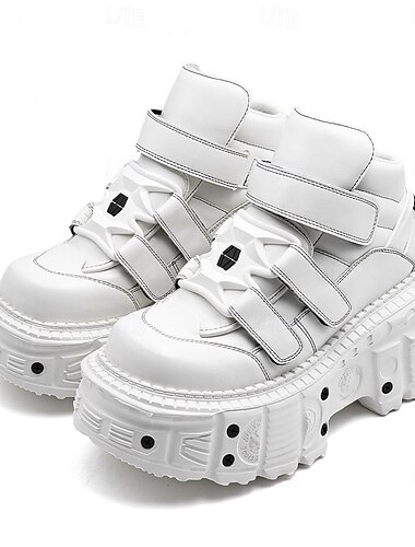  Γυναικεία λευκά γοτθικά αθλητικά παπούτσια με πλατφόρμα - χοντρά ψηλοτάκουνα παπούτσια με velcro για πάρτι Halloween, cosplay και νυχτερινή ζωή
