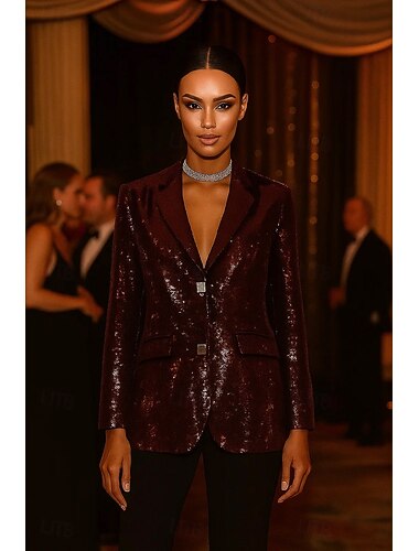 Blazer feminino black tie, casaco esportivo com lantejoulas e botões de metal, formal, para convidados de casamento, elegante, manga comprida, lapelas entalhadas, abotoamento simples