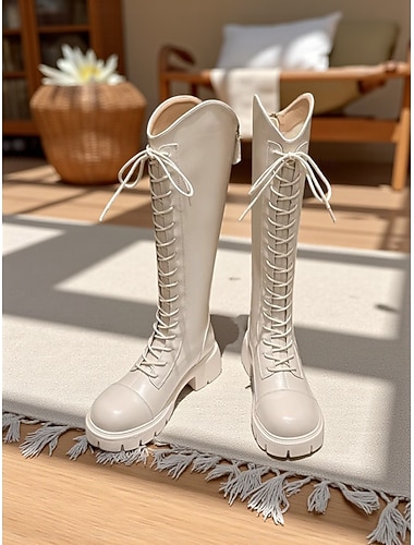 Botas de montaria femininas de cano alto com cadarço, sola grossa e fecho de zíper, calçados estilosos e confortáveis para passeios casuais e uso diário   Botas de montaria femininas de cano alto com cadarço, sola grossa e fecho de zíper, calçados estilosos e confortáveis para passeios casuais e uso diário
