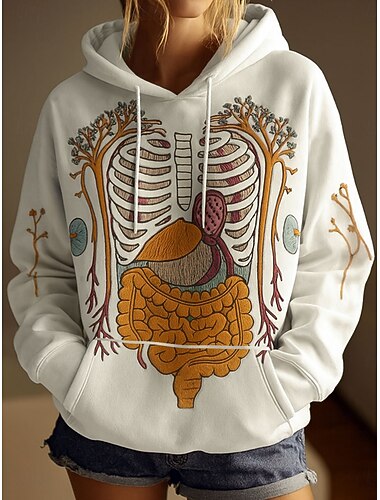  סווטשירט נשים חלופין שלד גרפי גולגולת חמוד שרוול ארוך עם כובע טופ רגולרי למפגשים ולבוש יומיומי לבן ורוד סגול ירוק אביב סתיו חורף