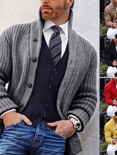 Homens Suéter Sueter Cardigan Estriado Tricotar Tops regulares Tricotado Tecido Decote V Férias Moda Casual Roupa Diária Roupa Primavera & Outono Preto Amarelo M L XL   Homens Suéter Sueter Cardigan Estriado Tricotar Tops regulares Tricotado Tecido Decote V Férias Moda Casual Roupa Diária Roupa Primavera & Outono Preto Amarelo M L XL