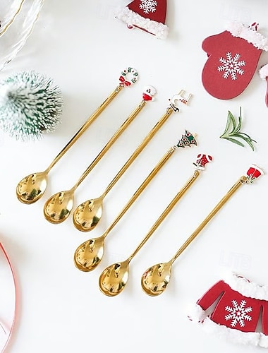  Zestaw metalowych łyżek na prezent świąteczny, 6 elementów ze stali nierdzewnej, kreatywna łyżka do mieszania kawy, łyżka do deserów, naczynia na świąteczne przyjęcie, przybory kuchenne, świąteczna