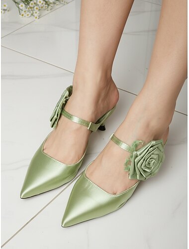  Scarpe da donna con tacco a punta in raso verde e cinturino alla caviglia floreale - eleganti scarpe da cocktail per eventi serali