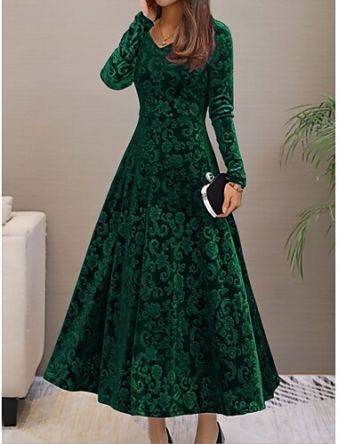  Per donna Abito maxi Abito a trapezio Casual Quotidiano Ferie Uscire Vestibilità regolare Floreale Manica Lunga Scollo a V Nero Vino Blu Viola Primavera Autunno Inverno