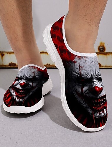  Men's Slip-On Sneakers with Creepy Clown Face Print, Horror Style Casual Shoes for Halloween Costume and Walking