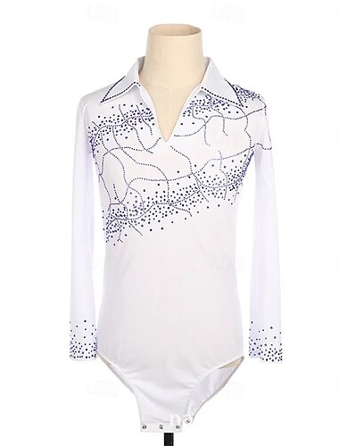  Eiskunstlauf Top Herren Jungen Eislaufen Oberteile Weiß Patchwork Spandex Hohe Elastizität Training Wettbewerb Eiskunstlaufkleidung Klassisch Kristall / Strass Langarm Eislaufen Eiskundstlauf