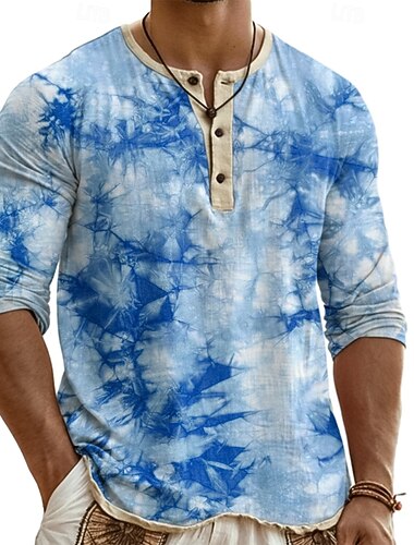  Муж. Рубашка Хенли Футболки Хенли Топ Длинный рукав Узоры тай-дай Мода Оригинальный рисунок На каждый день Яркое окрашивание Цветовые блоки Пуговицы Хенли на открытом воздухе Повседневные