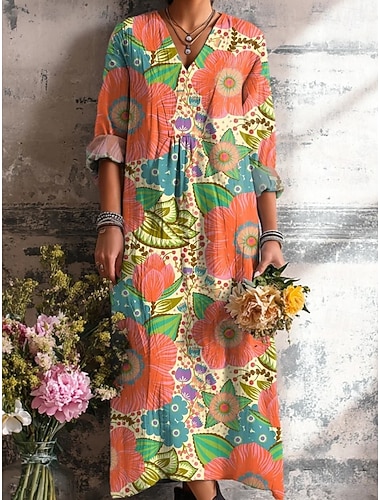  Pâques Femmes Robe Midi Robe d'Été Robe trapèze Vacances Occasionnel Boho Plage Sortir Coupe Ample Fleuri Graphique Géométrique manche longue Col en V Jaune Rose Claire Orange Vert Été Printemps