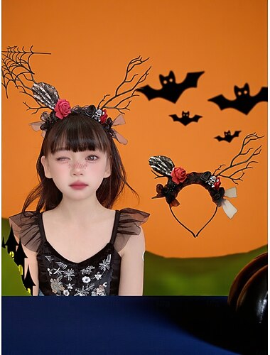  Halloween hertengewei hoofdband voor dames - gotisch zwart kanten haaraccessoire met pompoen- en kattenoren voor kostuumfeesten en cosplay
