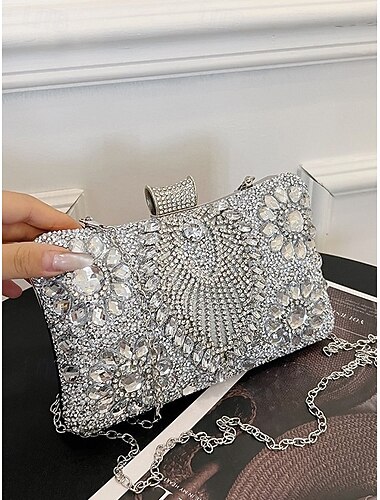  pochette da sera da donna con strass argentati, borsa scintillante con tracolla a catena staccabile per eventi formali glamour