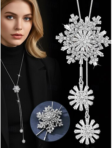  Collar con colgante de copo de nieve para mujer: elegante joya de cadena larga con detalles de cristal para damas, moda de invierno y regalo de Navidad.