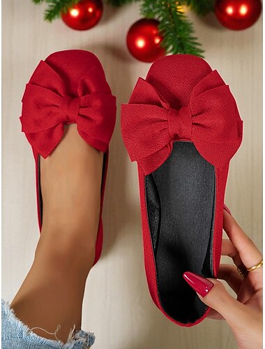  Rode platte schoenen met strik voor dames - elegante instappers voor kerstfeestjes, bruiloften en dagelijks gebruik