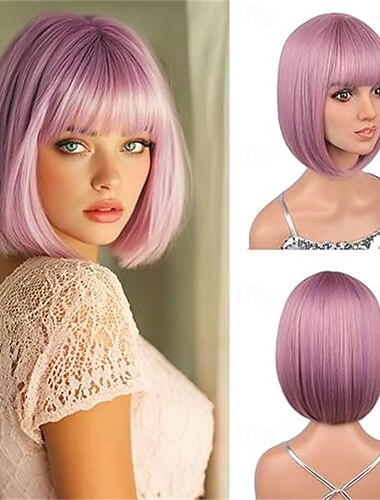  12 inch korte bob roze gemengde paarse pruik met pony kleurrijke pruik voor Halloween dagelijkse cosplay &Hittebestendige rechte synthetische cosplay-pruiken voor vrouwen in paars en roze voor