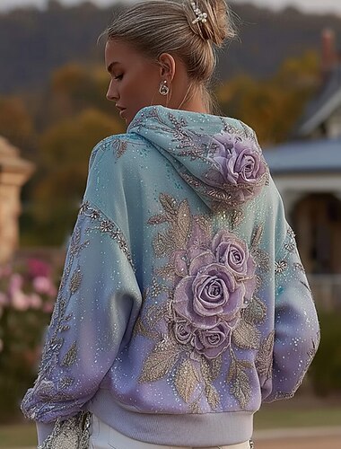  Γυναικεία Pullover Με Κουκούλα Φλοράλ Μοντέρνα Κομψό στυλ street Καθημερινό Μακρυμάνικο Με Κουκούλα Κανονικά μπλουζάκια Καθημερινή Ένδυση Causal Αθλητικά Κορδόνι Τσέπη Στάμπα Θαλασσί Άνοιξη Φθινόπωρο