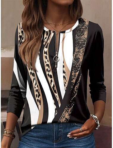  Mulheres Camiseta Gráfico Leopardo Moda Casual Manga Longa Gola Redonda Tops regulares Diário Zíper Imprimir Preto Marron Cáqui Primavera Outono Inverno
