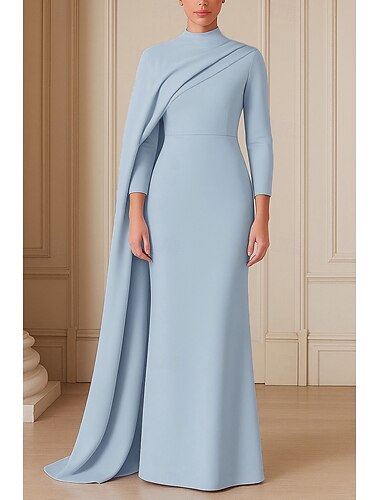  Schlauchkleid Bodenlange Schleppe Ballkleid mit Cape Abendkleid Festliche Kleidung Elegant Glitzernd Promi-Stil Dreiviertelarm Hoher Ausschnitt Gartenparty Hochzeit Stretch-Crêpe mit Gerafft