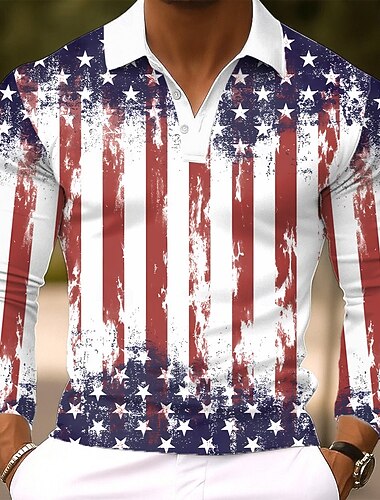  Amerikanska självständighetsdagen Herr Amerikanska amerikanska flaggan Polo Långärmad Polotröjor Kavajslag Ledigt Utomhus Gata Dagliga kläder 3D-utskrift Knappar Vår Höst Vinter Blå