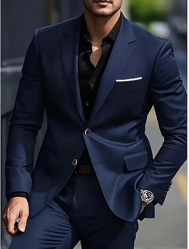  Menn Bryllup Fest Forretningsdrakter Hakkjakkeslag Svart Mørkeblå Formelt Ensfarget Skreddersydd 2-delt sett Enkelt Brystet To-knapp