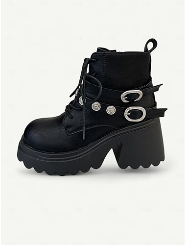  Zwarte platform biker boots voor dames met vetersluiting en rits aan de zijkant - enkellaarsjes met dikke zool voor casual streetwear en herfstoutfits