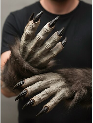  Luvas de garra de lobisomem de Halloween para homens - mãos de monstro peludo assustador com unhas compridas, acessórios de fantasia de cosplay para festa e RPG de terror