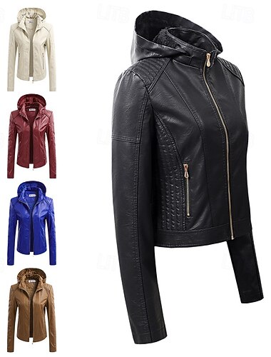  Damen Kunstlederjacke Bikerjacke Warm Bequem Reißverschluss Tasche Lässig Einfarbig Urlaub Straße Lässig Alltagskleidung Kurz Mit Kapuze Normale Passform Langarm Oberbekleidung Schwarz Rote Blau
