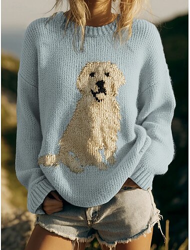  maglione da donna, pullover, golden retriever, casual, quotidiano, grafico, animale, a coste, girocollo, lavorato a maglia, stampa, manica lunga, normale, top, maglia, all'aperto, weekend, nero, rosa,