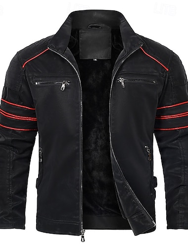  Per uomo Giacca in Ecopelle Giacca in Pile Giacca da Biker Giacca da Moto Vacanza Quotidiano Antivento Caldo Patchwork Tasca Autunno Inverno A righe Moda Classico Collo alla coreana Regolare Nero