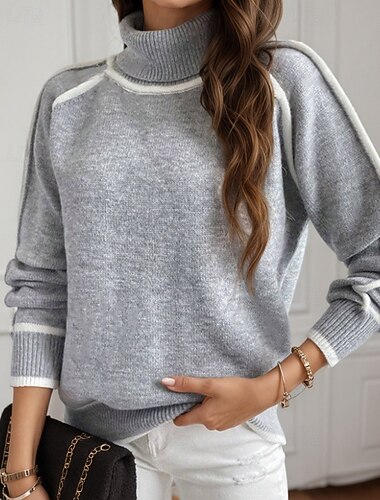  Women's Sweater Pullover Streetwear Casual Color Block Turtleneck Patchwork Knitted Long Sleeve Regular Tops Knit Outdoor Daily Going out Black Yellow Fall Winter