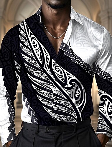 Herren Blatt Polynesisch Ethnisch Hemd Satinhemd Kleidhemd Langarm Vintage-Retro Urlaub Alltagskleidung Sommer Frühling Herbst Umlegekragen 3D-Druck Hemden mit Knopfleiste Schwarz Weiß